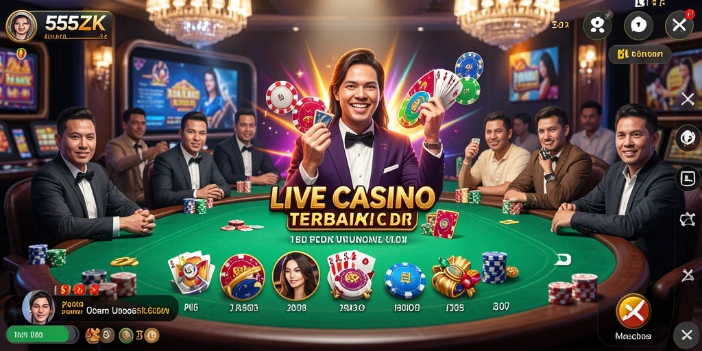 Screenshot permainan Live Casino di 555ZK menunjukkan dealer profesional dan interaksi pemain.