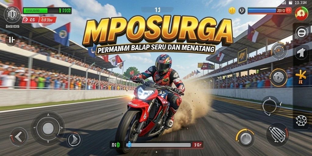 Tampilan gameplay mendebarkan di MPOSURGA saat pemain berkompetisi di trek balap.