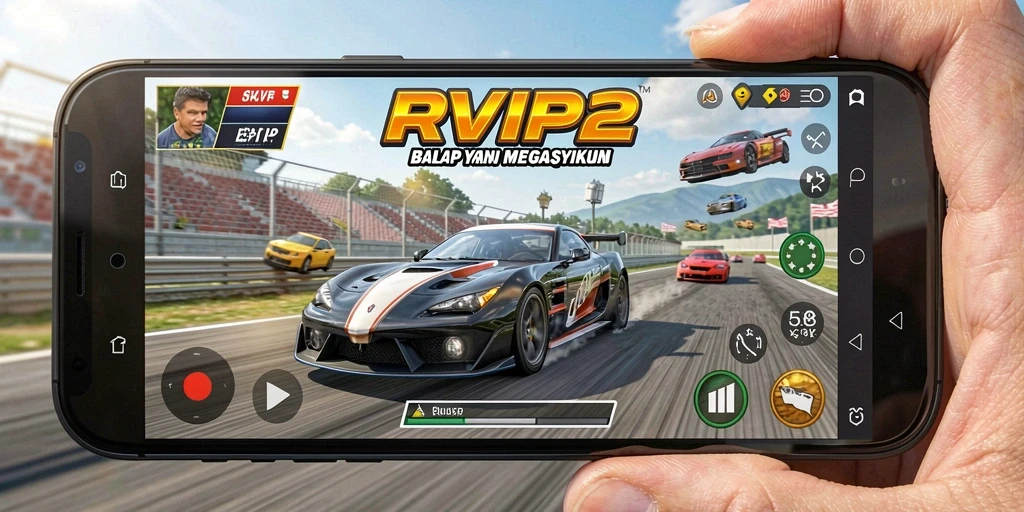 Tampilan utama gameplay RVIP2 dengan berbagai kendaraan balap.